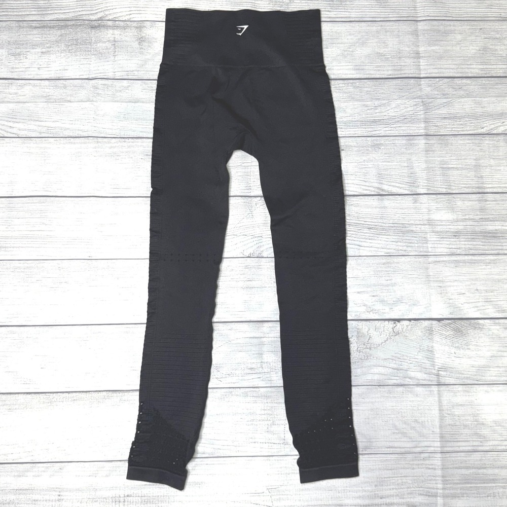 Gymshark Energy+ Seamless Leggings Black High Waisted Eyelet Ribbed Activewear - Picture 5 of 7